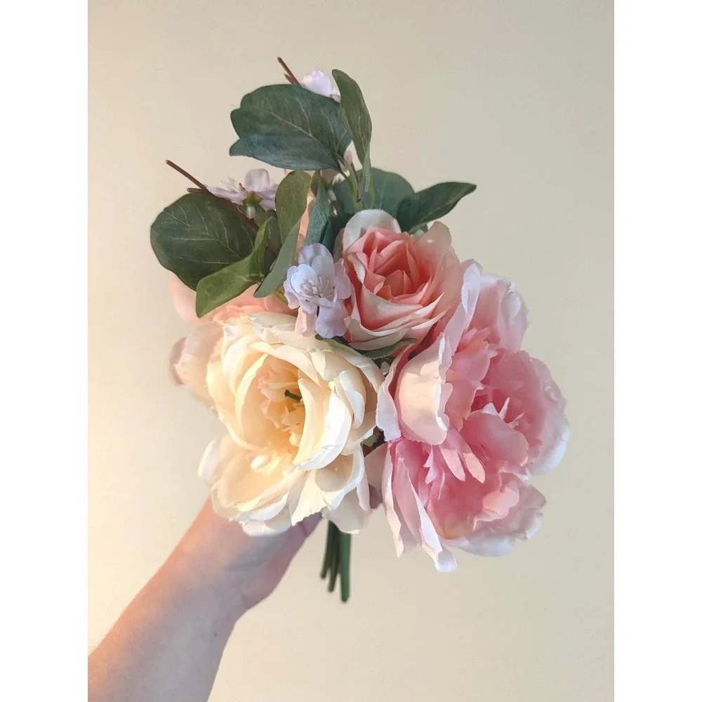 Lot 3 Faux Peony Rose Bouquets Pink Cream Silk Flowers Wedding Centerpiece Bride